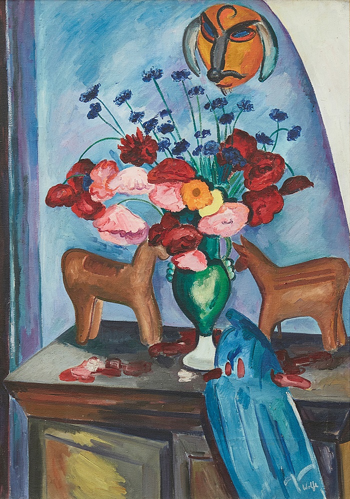 EDWARD WOLFE R.A. (SOUTH AFRICAN/BRITISH 1897-1982) FLOWER PIECE WITH DANCE MASK AND HORSE FIGURINE, 1930
